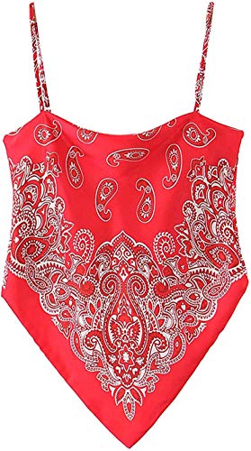 Damen Paisleymuster Raffhalter Französischer Knoten Einstecktuch Saum Spaghettiträger Taschentuch Cami Bandana Tube Crop Top, Rot/Ausflug, einfarbig (Getaway Solids), Medium von Arjungo
