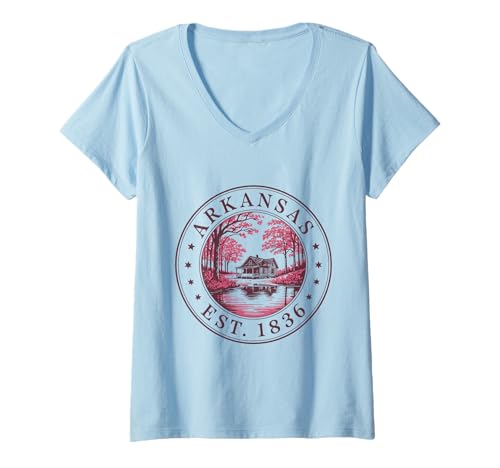 Damen Arkansas Boho State 1836 Hemd Rustikale Hütte Wald Retreat T-Shirt mit V-Ausschnitt von Arkansas Boho State 1836 Tee Shirts for Cabin Fans