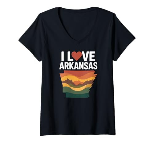 Damen Ich Liebe das Retro-Bergdesign von Arkansas T-Shirt mit V-Ausschnitt Damen Ich Liebe das Retro-Bergdesign von Arkansas T-Shirt mit V-Ausschnitt von Arkansas Pride Scenic Heart Design