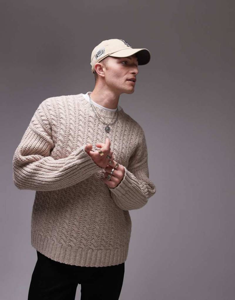 ARKET - Gestrickter Wollpullover in meliertem Beige mit Zopfmuster-Weiß ARKET - Gestrickter Wollpullover in meliertem Beige mit Zopfmuster-Weiß von Arket