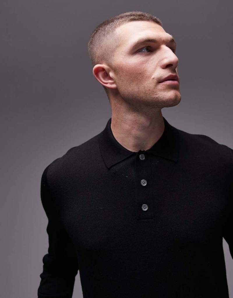 ARKET - Langärmliges Strick-Polohemd aus Merinowolle in Schwarz von Arket