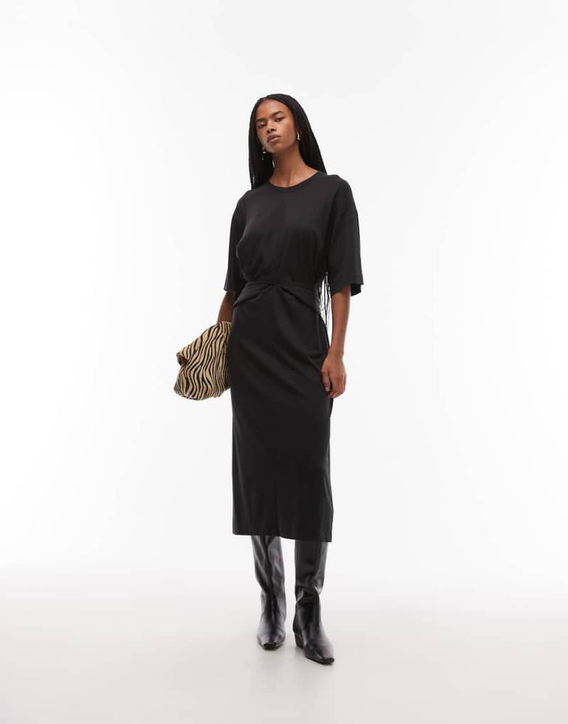 ARKET - Midaxi-Kleid aus Baumwollmix in Schwarz mit halblangen Ärmeln und gewickelter Taille von Arket