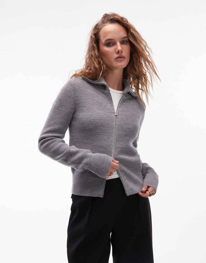 ARKET - Strickjacke aus Wolle in meliertem Grau mit Reißverschluss vorne und breitem Kragen von Arket