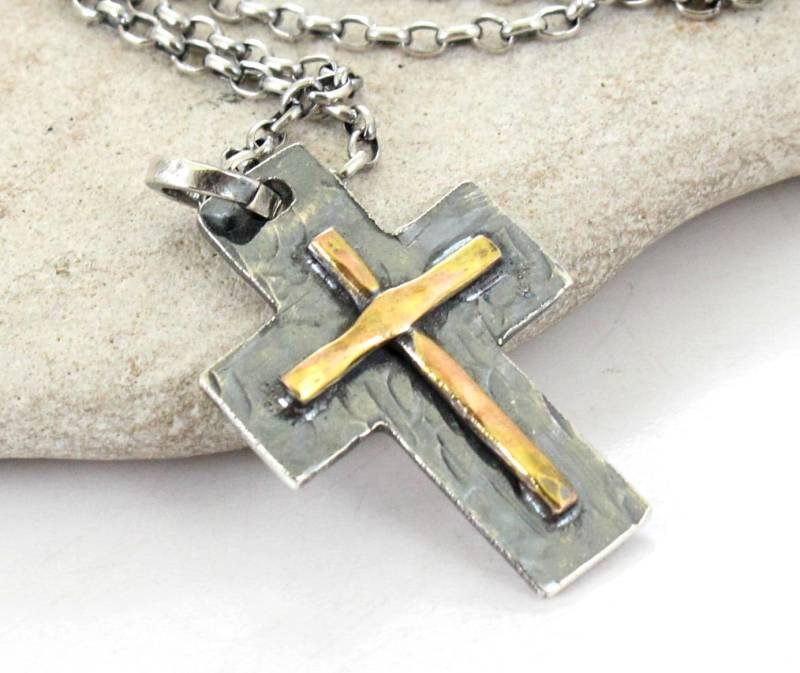 Kreuz Halskette- Sterling Silber- Messing - Silber Kette Handgemachtes Gehämmert Frauen/Männer von Arketipo