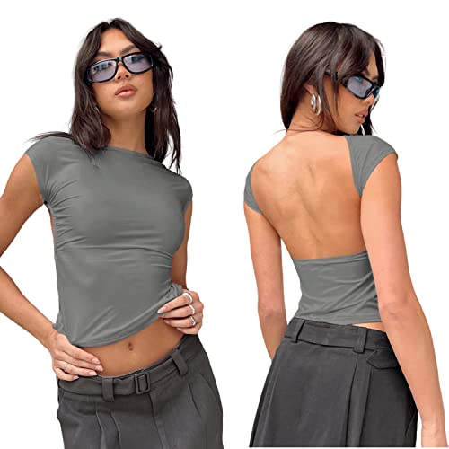 Arkim Backless Top Damen Y2K Rückenfreies Oberteil Sexy Oberteile Damen Umkehrbarer Stil Strassenmode Neu im Sommer Oberteile Damen(Dunkelgrau,M) von Arkim