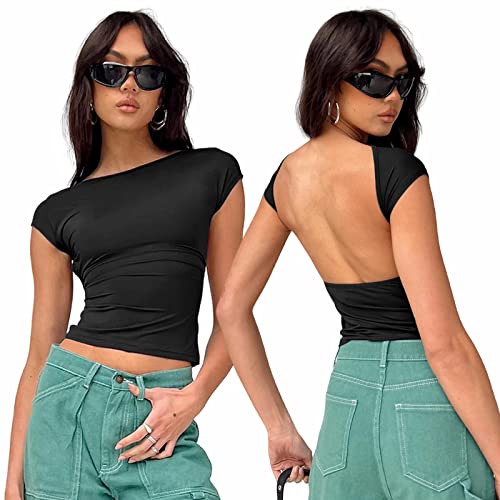 Arkim Backless Top Damen Y2K Rückenfreies Oberteil Sexy Oberteile Damen Umkehrbarer Stil Strassenmode Neu im Sommer Oberteile Damen(Schwarz,M) von Arkim