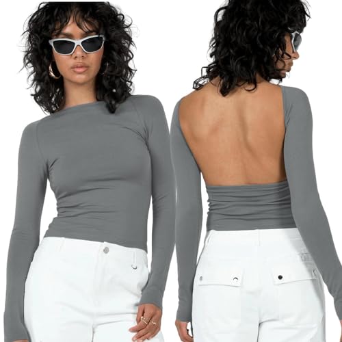 Arkim Backless Top Langarmshirts Damen Long Sleeve Y2k Top Basic Crop Tops Y2K Rückenfreies Oberteil Sexy Y2k Shirt Stil Strassenmode Neu Longsleeve Damen(Dunkelgrau,S) von Arkim