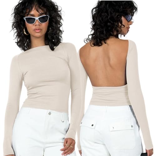 Arkim Backless Top Langarmshirts Damen Long Sleeve Y2k Top Basic Crop Tops Y2K Rückenfreies Oberteil Sexy Y2k Shirt Stil Strassenmode Neu Longsleeve Damen(Mandel,L) von Arkim