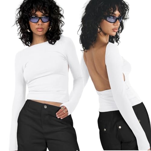 Arkim Backless Top Langarmshirts Damen Long Sleeve Y2k Top Basic Crop Tops Y2K Rückenfreies Oberteil Sexy Y2k Shirt Stil Strassenmode Neu Longsleeve Damen(Weiß,XS) von Arkim