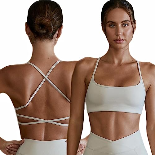 Arkim Sport BH Damen Ohne Bügel Gym Yoga BH Rückenfrei Gekreuzt Rücken Fitness Bustier Gepolstert Atmungsaktiv Sports Bra mit Abnehmbaren Cups(A-Elfenbein,S) von Arkim