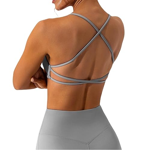 Arkim Sport BH Damen Ohne Bügel Gym Yoga BH Rückenfrei Gekreuzt Rücken Fitness Bustier Gepolstert Atmungsaktiv Sports Bra mit Abnehmbaren Cups(B-Grau,S) von Arkim