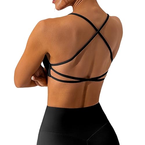 Arkim Sport BH Damen Ohne Bügel Gym Yoga BH Rückenfrei Gekreuzt Rücken Fitness Bustier Gepolstert Atmungsaktiv Sports Bra mit Abnehmbaren Cups(B-Schwarz,L) von Arkim