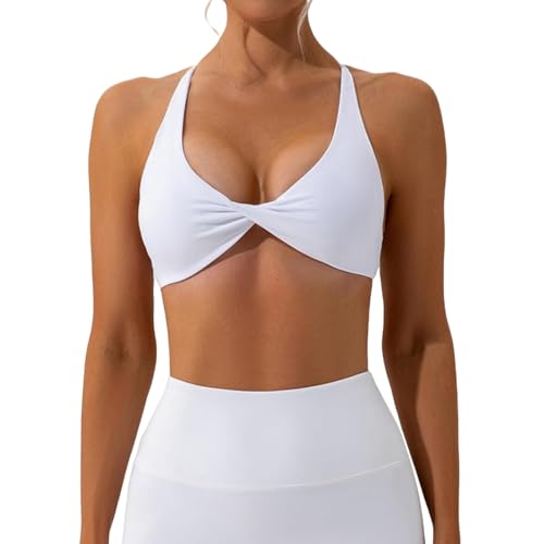 Arkim Sport BH Damen Ohne Bügel Gym Yoga BH Rückenfrei Gekreuzt Rücken Fitness Bustier Gepolstert Atmungsaktiv Sports Bra mit Abnehmbaren Cups(B-Weiß,L) von Arkim