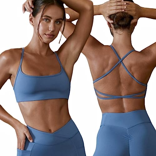 Arkim Sport BH Damen Ohne Bügel Gym Yoga BH Rückenfrei Gekreuzt Rücken Fitness Bustier Gepolstert Atmungsaktiv Sports Bra mit Abnehmbaren Cups (A-Blau,M) von Arkim