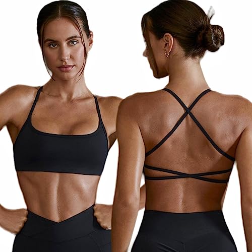 Arkim Sport BH Damen Ohne Bügel Rückenfrei Gekreuzt Rücken Fitness Bustier Gepolstert Atmungsaktiv Sports Bra mit Abnehmbaren Cups Gym Yoga BH(A-Schwarz,L) von Arkim