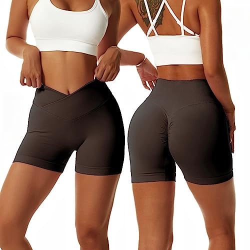 Arkim Sport Shorts Damen, Scrunch Butt Kurze Sporthose Damen, High Waisted V Taille Super Schlank Sport Leggings Biker Yoga Leggings Fitness Gym Shorts Damen(Braun,M) von Arkim