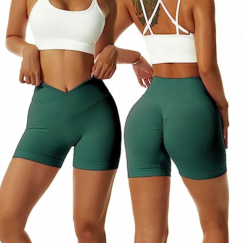 Arkim Sport Shorts Damen, Scrunch Butt Kurze Sporthose Damen, High Waisted V Taille Super Schlank Sport Leggings Biker Yoga Leggings Fitness Gym Shorts Damen(Dunkelgrün,L) von Arkim