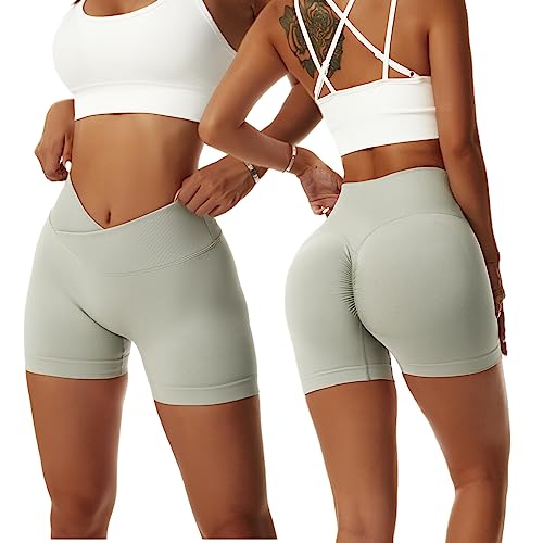 Arkim Sport Shorts Damen, Scrunch Butt Kurze Sporthose Damen, High Waisted V Taille Super Schlank Sport Leggings Biker Yoga Leggings Fitness Gym Shorts Damen(Hellgrau,L) von Arkim