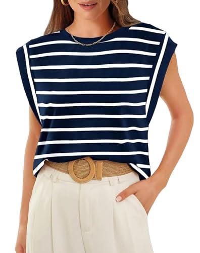 Arkim Tops für Damen Kappenärmel Sommer Basic Tops Casual Lose Passform Shirts Tank Top Damen(Navy+WeißStreifen,L) von Arkim