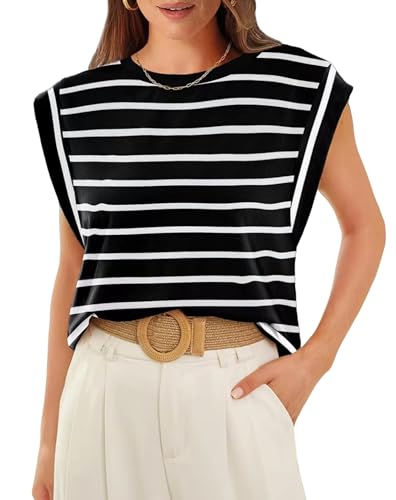 Arkim Tops für Damen Kappenärmel Sommer Basic Tops Casual Lose Passform Shirts Tank Top Damen(Schwarz+WeißGestreift,M) von Arkim