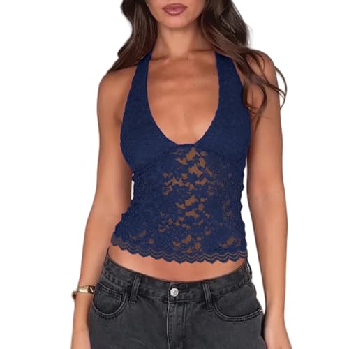Arkim Tops für Tank Top Damen Trägertop mit Spitzen-Applikation und Lochmuster Oberteile Damen Sommer (Dunkelblau,L) von Arkim