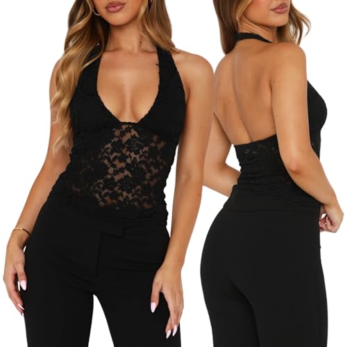 Arkim Tops für Tank Top Damen Trägertop mit Spitzen-Applikation und Lochmuster Oberteile Damen Sommer (Schwarz,S) von Arkim