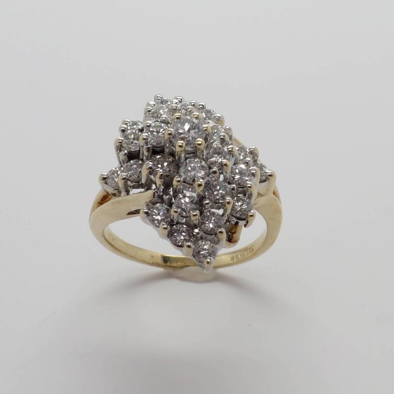 Atemberaubender 14K Gelbgold 1 1/5 Karat Tw. Naturdiamant Cluster Statement Ring/Weißgold Top Größe 6.5 Gewicht 5.79 Gramm von ArlieJewelryEtc