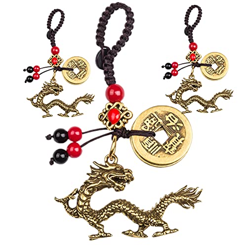 A/X 3 Stück Messing Tier Schlüsselanhänger - Chinesischer Drache Sternzeichen Drache Glücksbringer Schlüsselanhänger für Schlüsselanhänger, Taschen, Geldbörsen & Geschenke von A/X