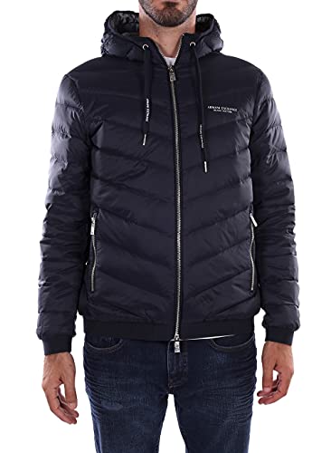 A|X ARMANI EXCHANGE Herren Steppjacke mit Kapuze und Reißverschluss, Milano/New York Logo Jacke, Marineblau/Grau Meliert, S von Armani Exchange