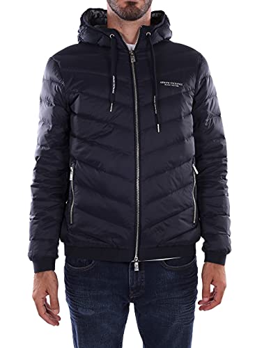Armani Exchange Herren Daunenjacke Milano/New York Logo mit Kapuze und Reißverschluss Jacke, Marineblau/Grau Meliert, XXL von Armani Exchange