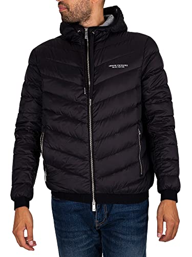 A|X ARMANI EXCHANGE Herren Steppjacke mit Kapuze und Reißverschluss, Milano/New York Logo Jacke, Schwarz/Melange Grau B, XX-Large von Armani Exchange