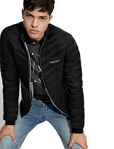 A|X ARMANI EXCHANGE Herren Daunenjacke mit Reißverschluss, Milano/New York Logo Daunenalternative Mantel, Schwarz/Melange Grau B, XL von Armani Exchange