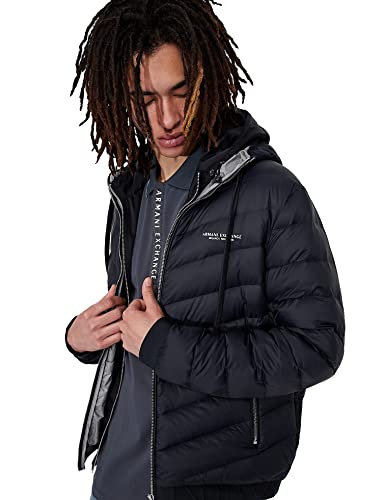 Armani Exchange Men's Hooded Quilted Down Milano/New York Logo Zip-up Jacket,Blue, Large von Armani Exchange