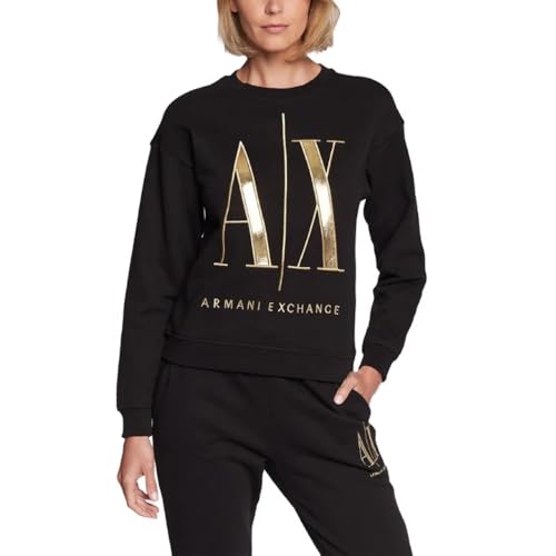 Armani Exchange Damen Icon, Maxi-gesticktes Gold-Logo, Manschettenärmel, schwarz Sweatshirt, Black, XS von Armani Exchange