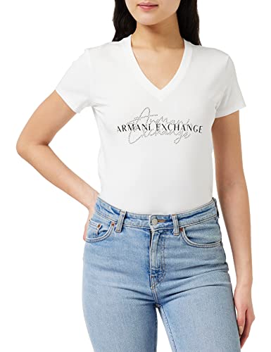 Armani Exchange Damen Nachhaltig, Slim Fit, strassbesetztes Italics Logo T-Shirt, White, M von Armani Exchange