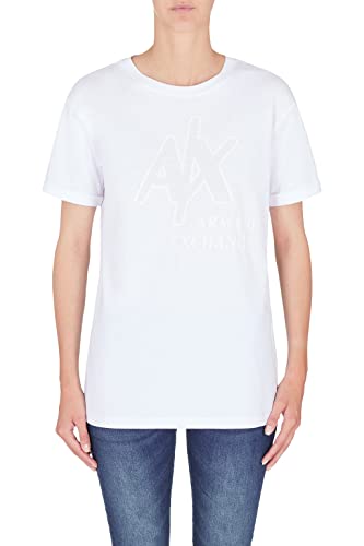 Armani Exchange Damen Nachhaltig, aufgerollte Passform, mit Strass besetztes Logo auf der Vorderseite. T-Shirt, White, M von Armani Exchange