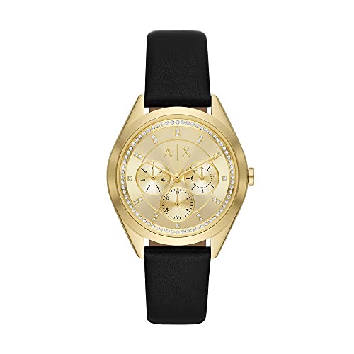 Armani Exchange Damen Quartz-Multifunktion Armbanduhr, 38.00mm GehäusegröÃŸe mit Gold analog Zifferblatt und schwarz Lederarmband Armband AX5656 von Armani Exchange