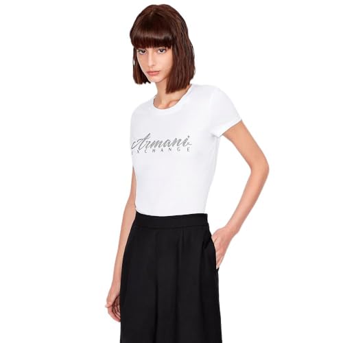 Armani Exchange Damen-T-Shirt, kurzärmelig, klassisches Schrift-Logo, U-Ausschnitt, Weiß, Größe S von Armani Exchange