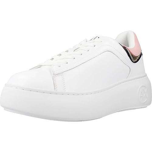 Armani Exchange Damen Smooth Leather, Gold Detail, Circular Logo Sneaker, White/Blue/Rose, 40.5 EU von Armani Exchange