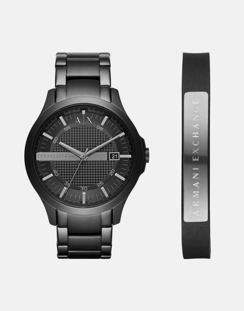 Armani Exchange - Geschenk-Set aus Edelstahl in Schwarz, aus Uhr mit drei Zeigern und Datumsanzeige sowie Armband von Armani Exchange
