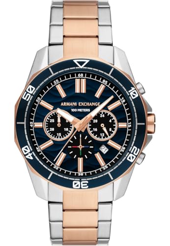 Armani Exchange Silver Tone Watch for Men, Quarz-Chronographenwerk und 44mm Gehäusegröße mit Edelstahlarmband, Silber und Roségoldtöne von Armani Exchange