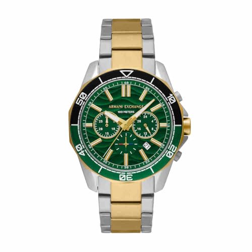 Armani Exchange Silver Tone Watch for Men, Quarz-Chronographenwerk und 44mm Gehäusegröße mit Edelstahlarmband, Silberton und Grasgrün von Armani Exchange