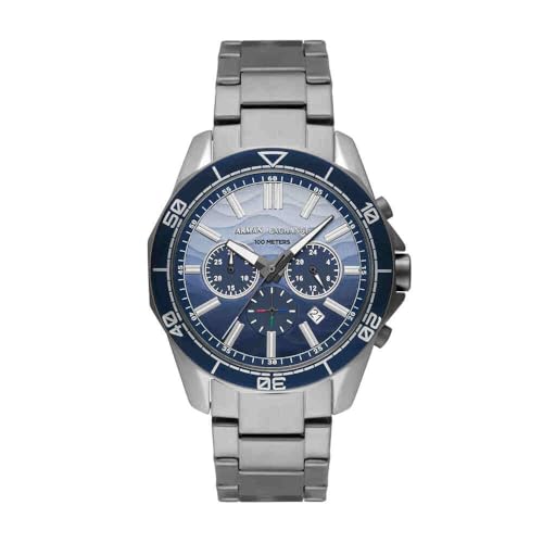Armani Exchange Silver Tone Watch for Men, Quarz-Chronographenwerk und 44mm Gehäusegröße mit Edelstahlarmband, Silberton und Blau von Armani Exchange