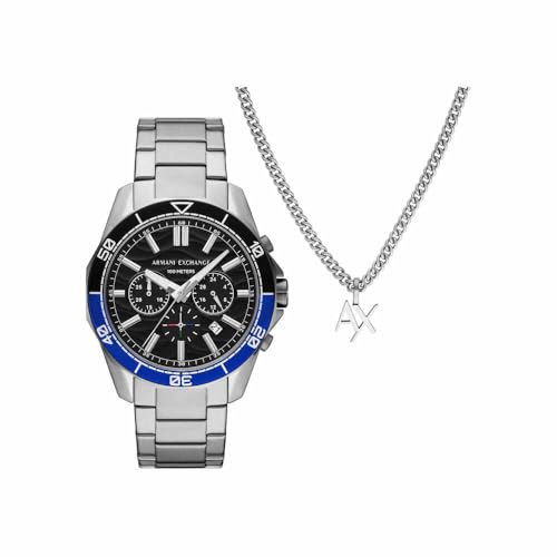 Armani Exchange Silver Tone Watch for Men, Quarz-Chronographenwerk und 44mm Gehäusegröße mit Edelstahlarmband, Silberton und Tiefschwarz von Armani Exchange