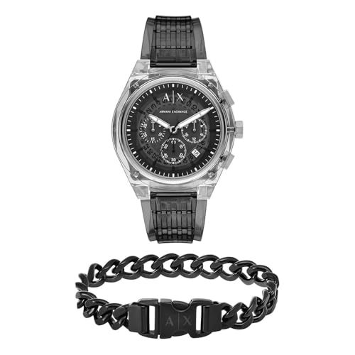 Armani Exchange Herren Graues Polyurethan Uhr und Armband Schwarzer Edelstahl, Set von Armani Exchange