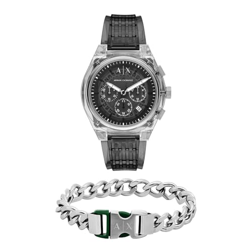 Armani Exchange Herren Graues Polyurethan Uhr und Armband Silberfarbener Edelstahl, Set von Armani Exchange