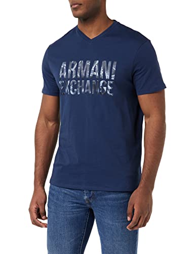 Armani Exchange Herren Nachhaltiger Stoff, Normale Passform, gedrucktes Logo, V-Ausschnitt T-Shirt, Navy, XS von Armani Exchange