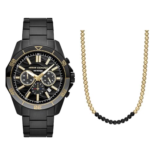 Armani Exchange Herren Schwarze Edelstahl-Uhr und Gold-Ton Halskette, Set Armani Exchange Herren Schwarze Edelstahl-Uhr und Gold-Ton Halskette, Set von Armani Exchange