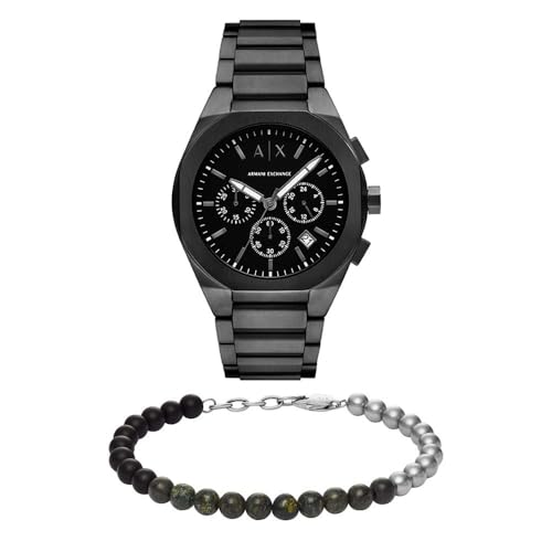 Armani Exchange Herren Schwarze Edelstahl-Uhr und Silber-Ton Armband, Set von Armani Exchange