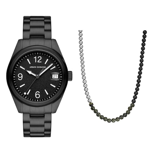 Armani Exchange Herren Schwarze Edelstahl-Uhr und Silber-Ton Halskette, Set von Armani Exchange